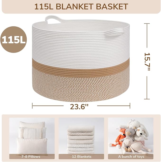 INDRESSME 115L Extra Large Cotton Rope Basket, Woven Baby laundry Blanket Basket for Home Decor Living Room Nursery, Toy Stor