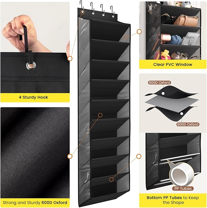 20-25 Pairs Over the Door Shoe Organizer, Clear Pockets Shoe Rack for Closet Door, 10-Tier Hanging Shoe Rack for Boots, Behin
