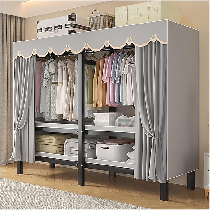 Portable Foldable Wardrobe Closet with Cover, Metal Clothing Rack with Hanging Rods, Space-Saving Storage Organizer for Bedro
