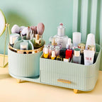 Rotating Makeup Organizer for Vanity with Brush Holder and Drawer, Cosmetic Makeup Storage, Large Spinning Makeup Skincare Or
