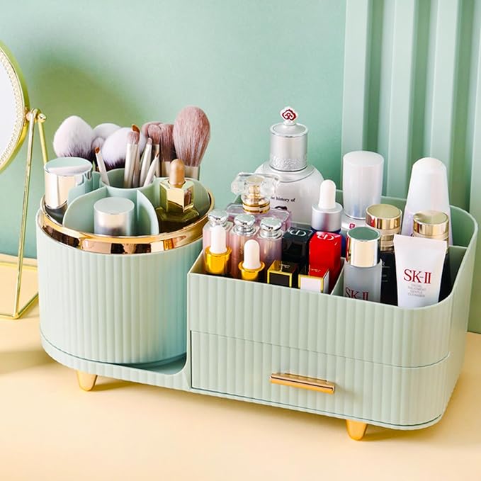 Rotating Makeup Organizer for Vanity with Brush Holder and Drawer, Cosmetic Makeup Storage, Large Spinning Makeup Skincare Or