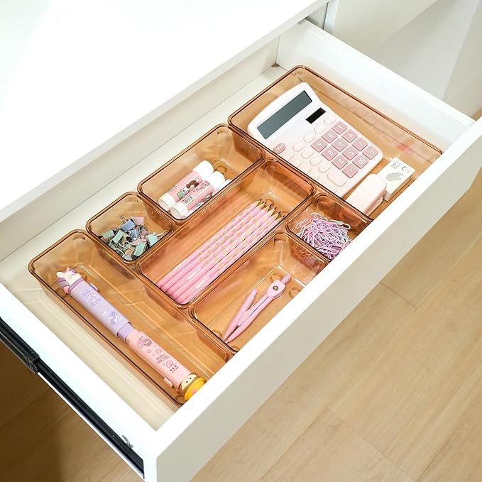 Coffee Acrylic Drawer Organizers Set Storage for Makeup, Office Desk Small Vanity Trays for Drawer Bathroom Plastic Make up O