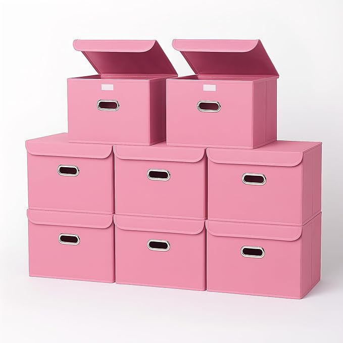 STOREONE Fabric Storage Cube Bins Foldable Organizer Container Collapsible Basket with Lids and Metal Handles, for Home, Bedr