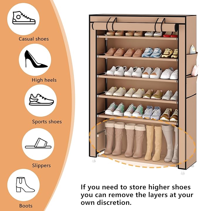 Laiensia 7-Tier Vertical Shoe Rack Organizer, Space Saving Shoe Storage Organizer, Non-Woven Cover Shoe Shelf Holds 28-35 Pai