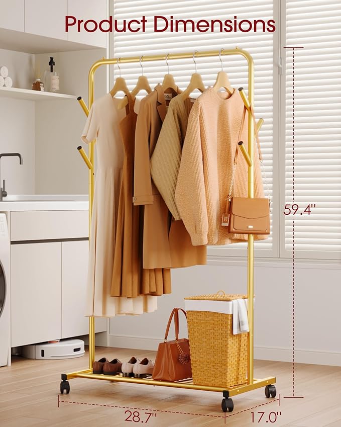 Sakugi Clothes Rack - Metal Coat Rack with Bottom Shelf, Portable Wardrobe Rack with 6 Side Rods, Rolling Clothing Rack for H