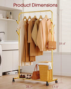 Sakugi Clothes Rack - Metal Coat Rack with Bottom Shelf, Portable Wardrobe Rack with 6 Side Rods, Rolling Clothing Rack for H