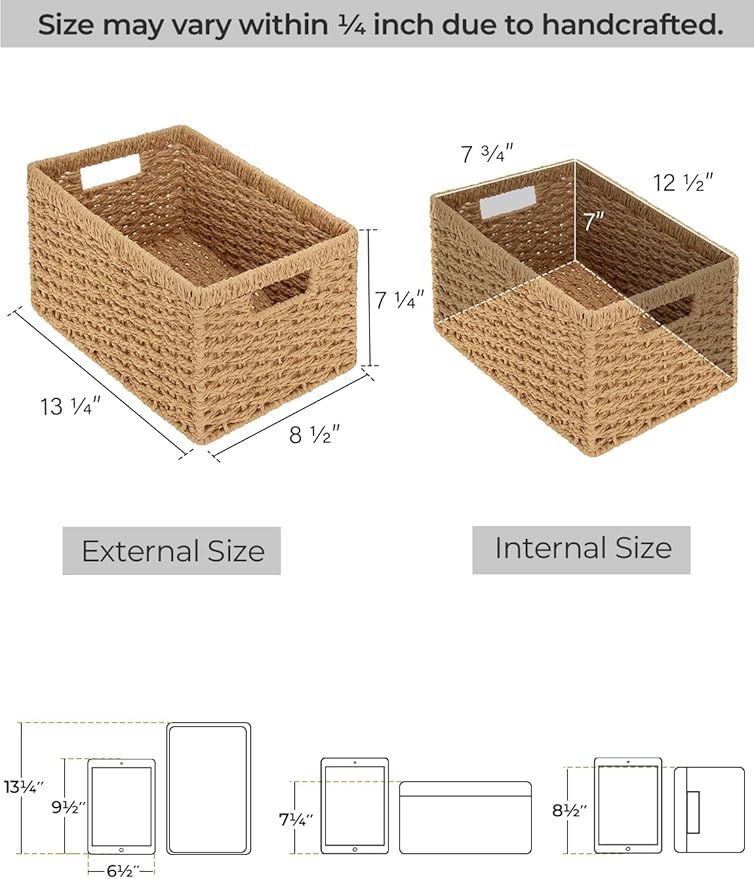 StorageWorks Round Paper Rope Storage Baskets, Rectangular Wicker Baskets with Built-in Handles, Medium, 13 ¼ x 8 ½ x 7 ¼ inc