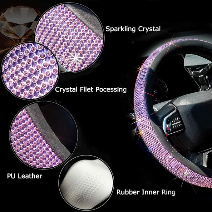 ChuLian New Diamond Leather Steering Wheel Cover with Bling Bling Crystal Rhinestones, Universal Fit 15 Inch Car Wheel Protec