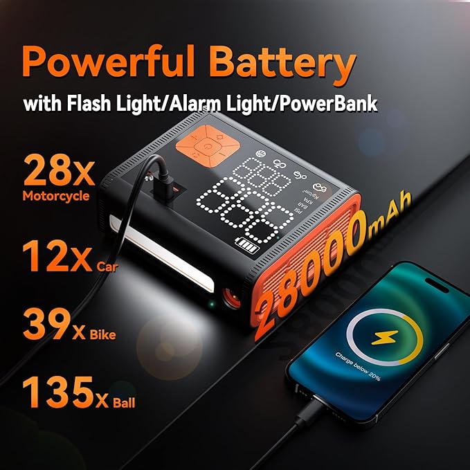 Tire Inflator Portable Air Compressor, 150 PSI Dual Cylinder 3X Faster Portable tire inflator, 28000mAh Dual Power Mode Portable Air Pump for Car Tires, Motorcycle Tires, Bikes Tires, Balls, etc