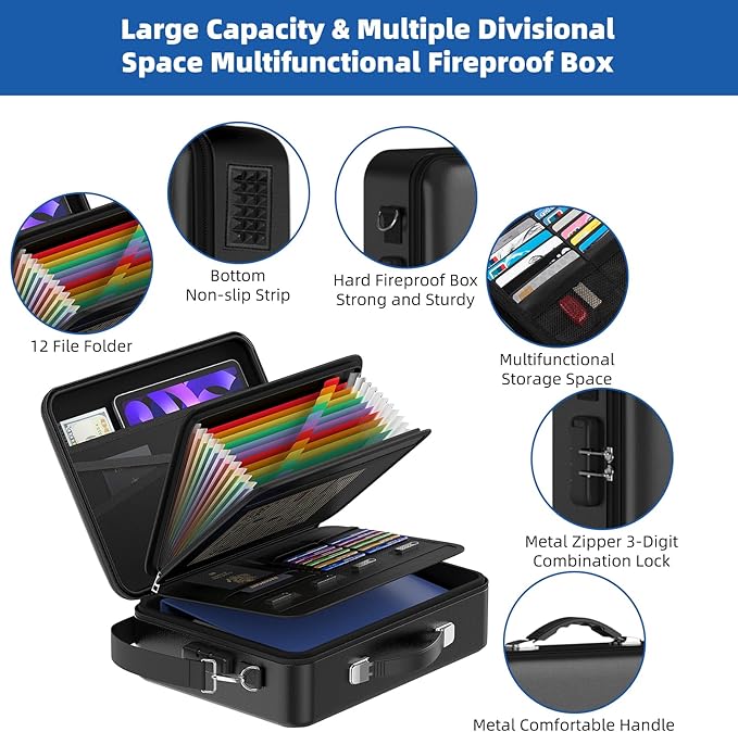 Fireproof Document Box with Lock, Durable Hard Case File Organizer Fire Safe Box, Hard-Shell Design Waterproof Fireproof Safe