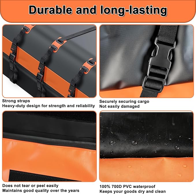 Premium Car Roof Bag, 20 Cubic Heavy Duty Cargo Carrier Bag for All Cars with/Without Rack, Waterproof Car Roof Cargo Carrier with Anti-Slip Mat, 6 Door Hooks, Luggage Lock