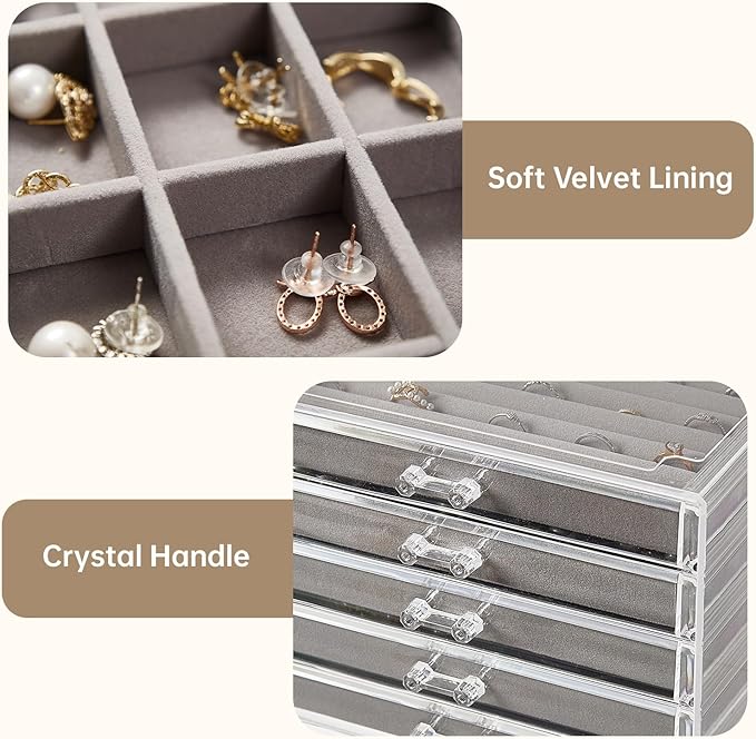 Acrylic Jewelry Box with 5 Drawers, Clear Earring Holder Organizer Rings Display Case with Adjustable Velvet Trays for Women 