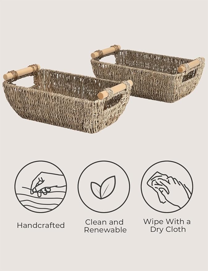 StorageWorks Small Baskets for Shelf, Seagrass Woven Basket with Wooden Handles for Gifts, 2-Pack