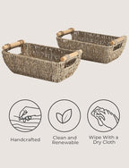 StorageWorks Small Baskets for Shelf, Seagrass Woven Basket with Wooden Handles for Gifts, 2-Pack