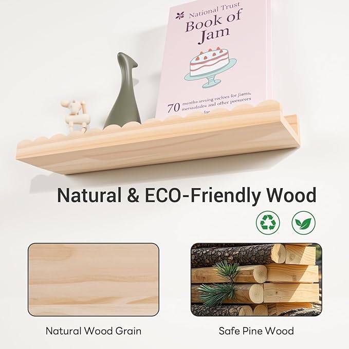 NEXHOME PRO Nursery Book Shelves, 2-Pack Solid Pine Wood Floating Shelves for Wall Kids, Wall Mounted Shelves for Bedroom/Liv