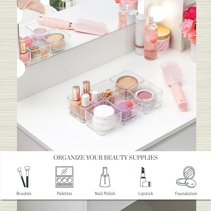 STORi SimpleSort 6-Piece Stackable Clear Drawer Organizer Set | 3" x 3" x 2" Square Trays | Small Makeup Vanity Storage Bins 