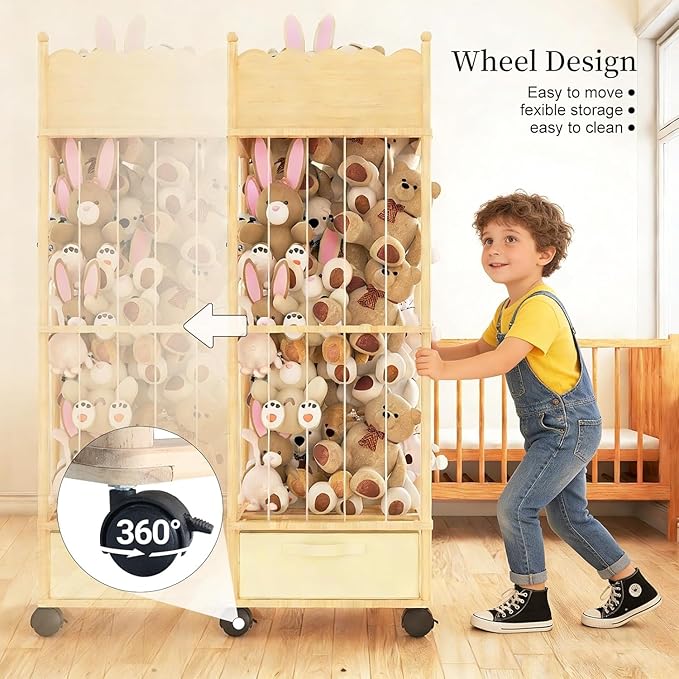 Wooden Stuffed Animal Storage Organizer with Wheels & Drawer – 3-Tier Plush Toy Zoo Holder for Kids Room, Nursery & Playroom 