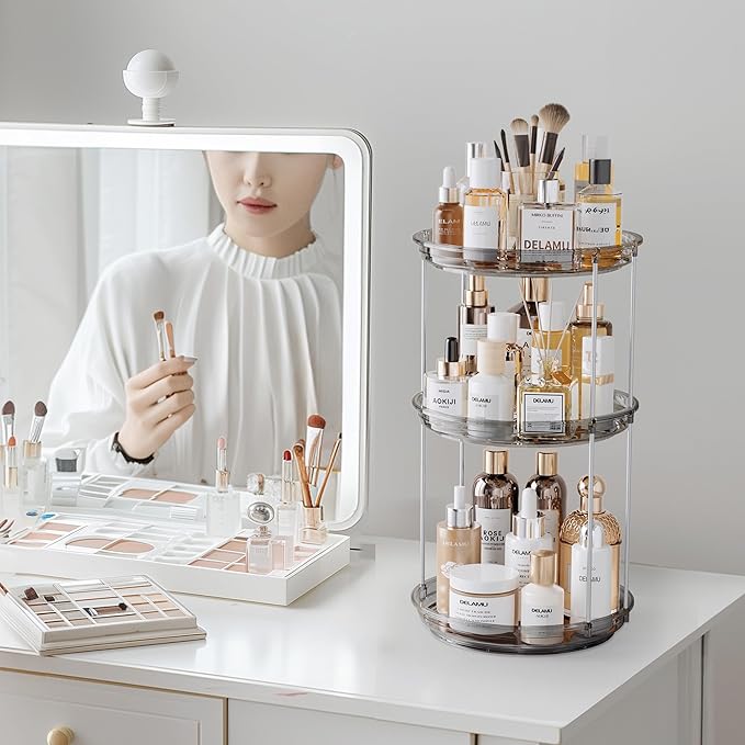 Delamu 3 Tier Rotating Makeup Organizer for Vanity, Skincare Organizer for Bathroom Counter, Spinning Perfume Organizer Cosme