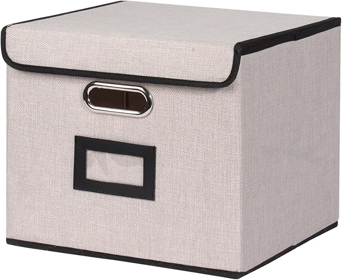 Large Square Storage Bin with Lid, Foldable Organizer Box with Handles & Label Design, for Office, Closet, Home, Documents, G