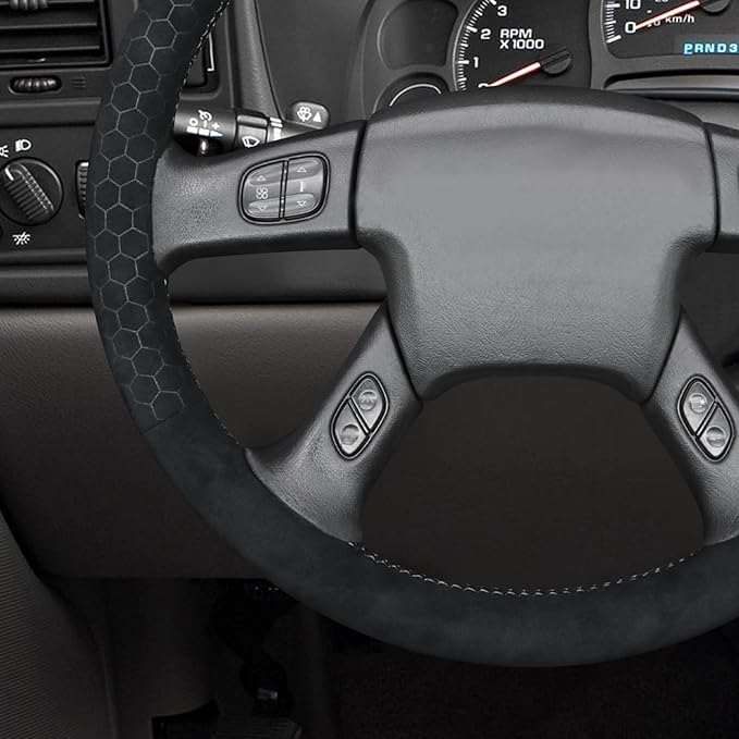 MEWANT Suede Steering Wheel Cover for Chevy Silverado 1500 2003-2006 DIY Hand-Stitched Non-Slip Grip Black Embossed Wrap
