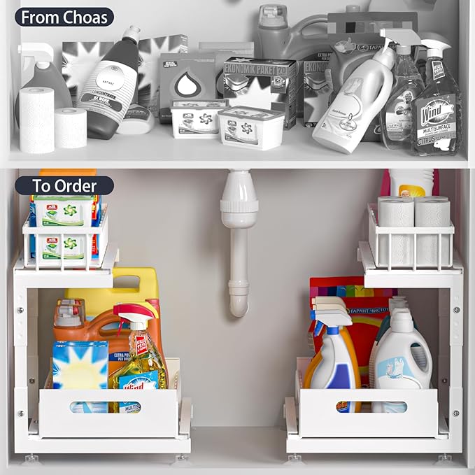 Under Sink Organizer, 2-Tier Premium Metal Pull-Out Racks with Adjustable Height, Heavy Duty Sliding Bin for Bathroom and Kit