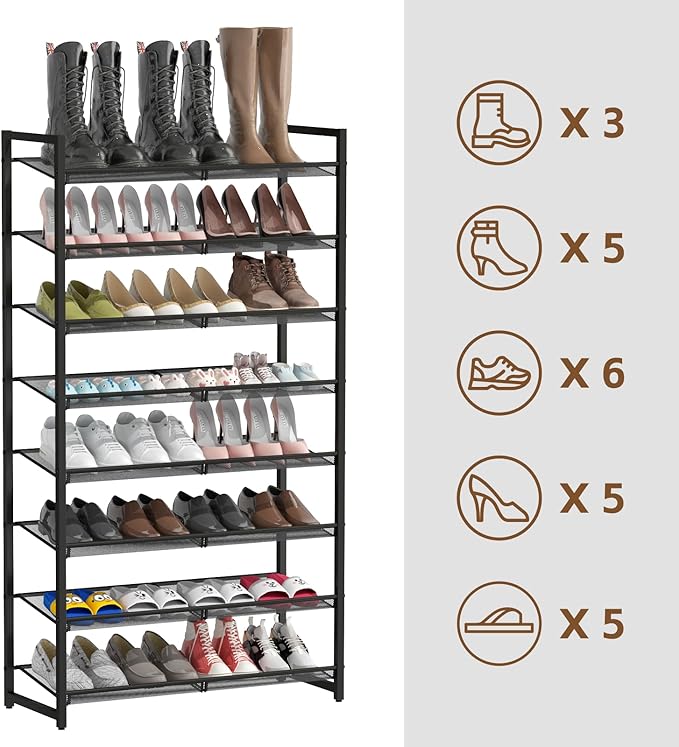 Shoe Rack, 8-Tier Metal Shoe Organizer, Tall Shoe Rack for Closet,entryway,Garage, with Adjustable Flat or Angled Shelves, 32