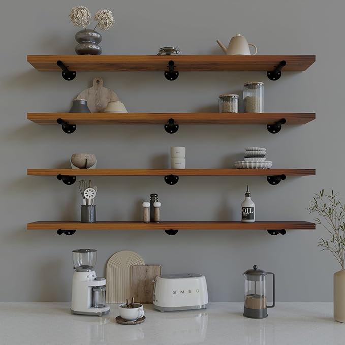 Industrial Pipe Wall Wood Shelves,Real Wooden Shelves 48" in Walnut Color with 1.2" Extra Thickness, Modern Floating Shevles