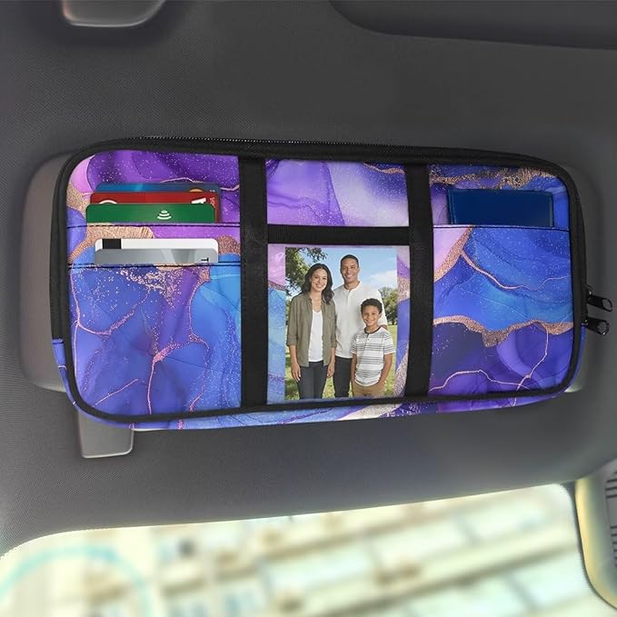 Marble Car Sun Visor Organizer, Multi-Pocket Truck Visor Organizer Car Sun Storage Pocket Pouch Case Bag with Velcro Straps for Sunglasses, Cards, Pens and Document Machine Washable