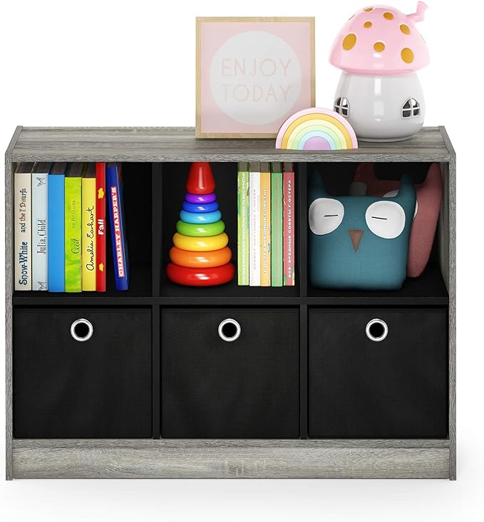 Furinno Basic 3x2 Cube Storage Bookcase Organizer with Bins, French Oak Grey/Black