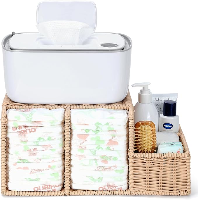 Diaper Caddy Organizer, Hand Rattan Nursery Storage Basket for Baby Essentials, Baby Changing Table Organizer Perfect Nursery