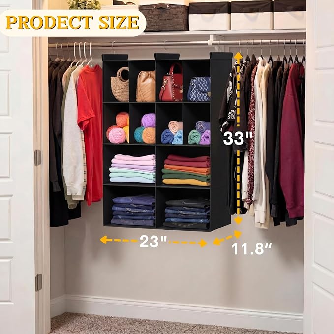 Ofiray-home 4 Tier Hanging Closet Organizer, 12 Compartments Sweater Organizer for Closet with 3 Sturdy Hooks, Closet Organiz