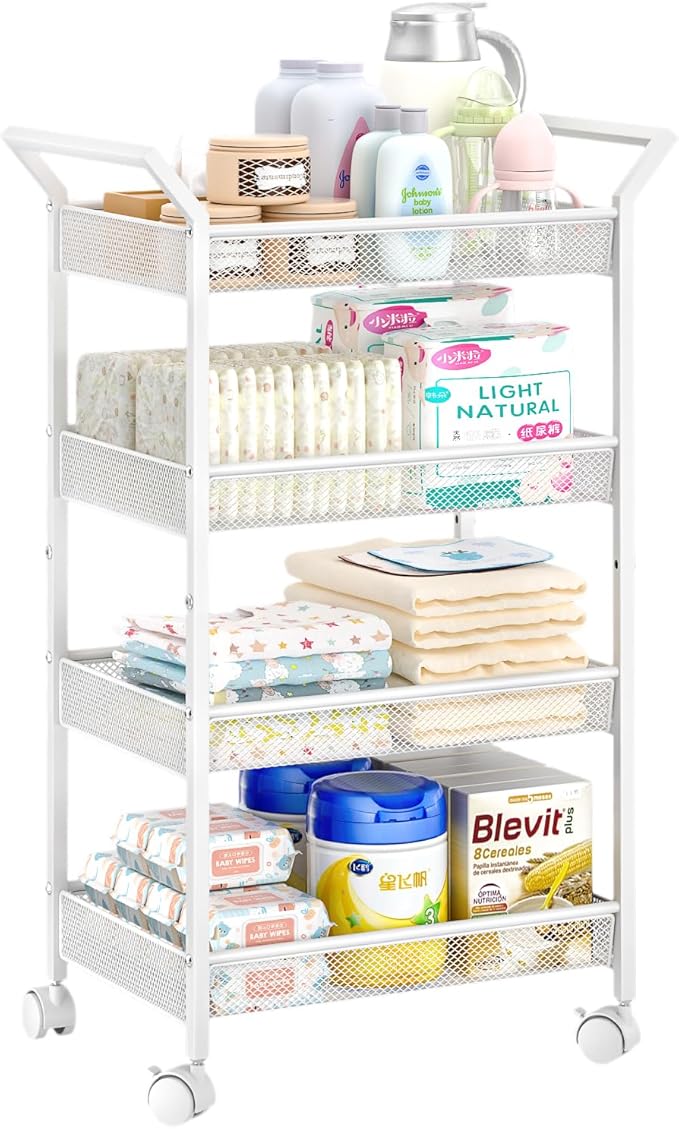 Baby Diaper Caddy Cart, 4-Tier Diaper Caddy Organizer and Storage, Rolling Utility Cart for Baby Supplies, Diaper Cart with W