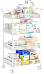 Baby Diaper Caddy Cart, 4-Tier Diaper Caddy Organizer and Storage, Rolling Utility Cart for Baby Supplies, Diaper Cart with W