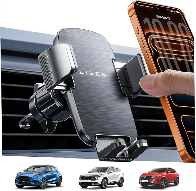LISEN Car Phone Mount, Phone Holders for Your Car [Thick Cases Friendly] Car Vent Phone Holder & Metal Hook Truck Jeep Accessories for iPhone 17 Air Pro Samsung Google and All 4-7'' Phone