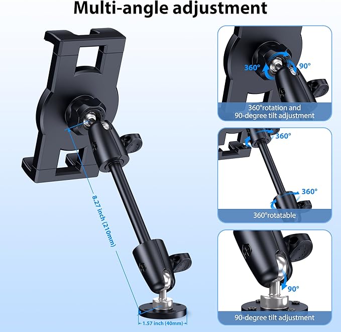 CreaDream Aluminum Tablet Mount for Truck, Tablet Holder for Car, Angle Adjustable with Drill Base, iPad Car Holder for Dashboard, Wall, Boat, Vehicle, Compatible with 4.7"-13" Tablets, iPads, Phones
