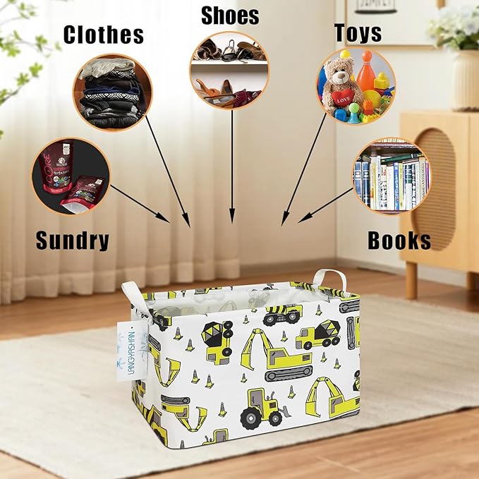 LANGYASHAN Rectangular Storage Bin Collapse Canvas Fabric Cartoon Storage Basket with Handles for Organizing Home Kitchen Boy