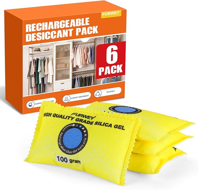 100g (6 Packs) Rechargeable Desiccant Packs for Storage, Color Indicating Silica Gel Desiccant Packets, Moisture absorbers