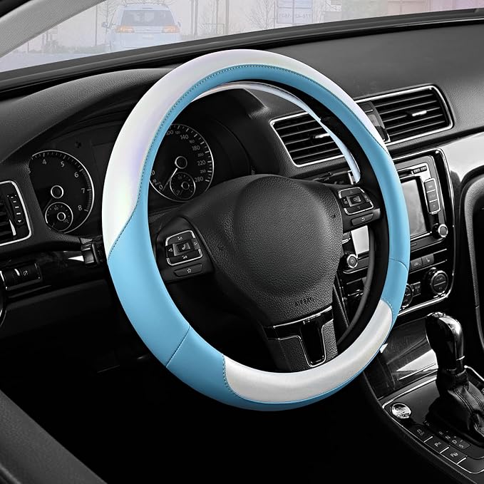 Road Comforts Steering Wheel Cover – Breathable Leather Steering Wheel Cover, Anti-Slip Grip, Universal Fit 14.5” to 15”, Hea
