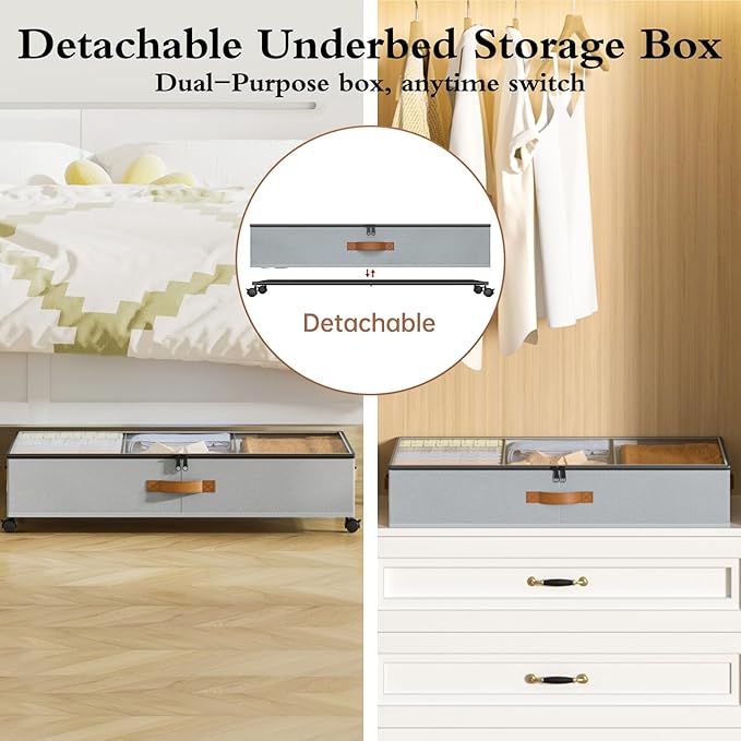 Yecaye Under Bed Storage with Wheels, 2 Pack Under Bed Storage Containers with Adjustable Dividers & Clear Window, Rolling Un