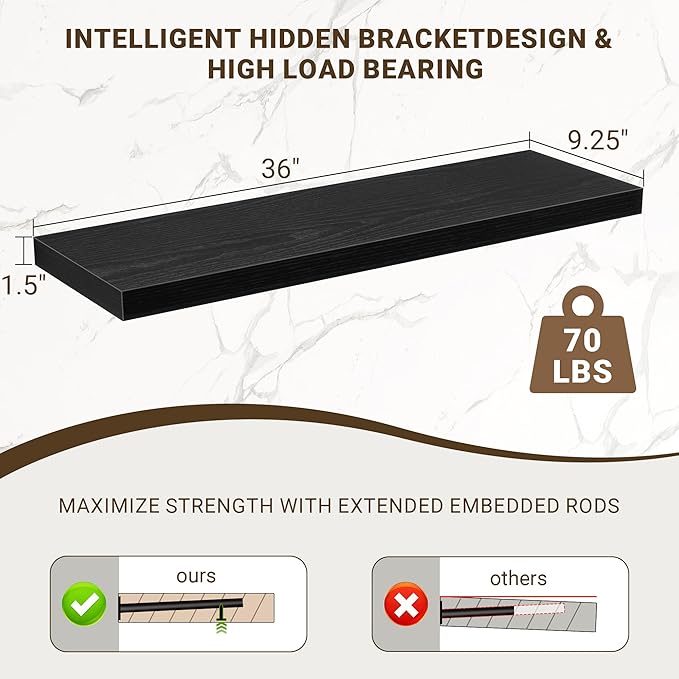 36 Inch Floating Shelves, 36"x9.25"x1.5" Inch Deep Floating Shelves for Wall, Wooden Shelves for Bathroom, Bedroom, Living Ro