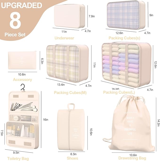 8 Set Packing Cubes for Travel,Suitcase Organizer Bags for Luggage with Shoe & Hanging Toiletry Bag, Vacation Essentials & Ac