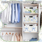 Boao 3 Pcs Blue Hydrangea Bow Storage Bin Flowers Collapsible Large Storage Baskets for Gifts Canvas Laundry Basket Foldable 