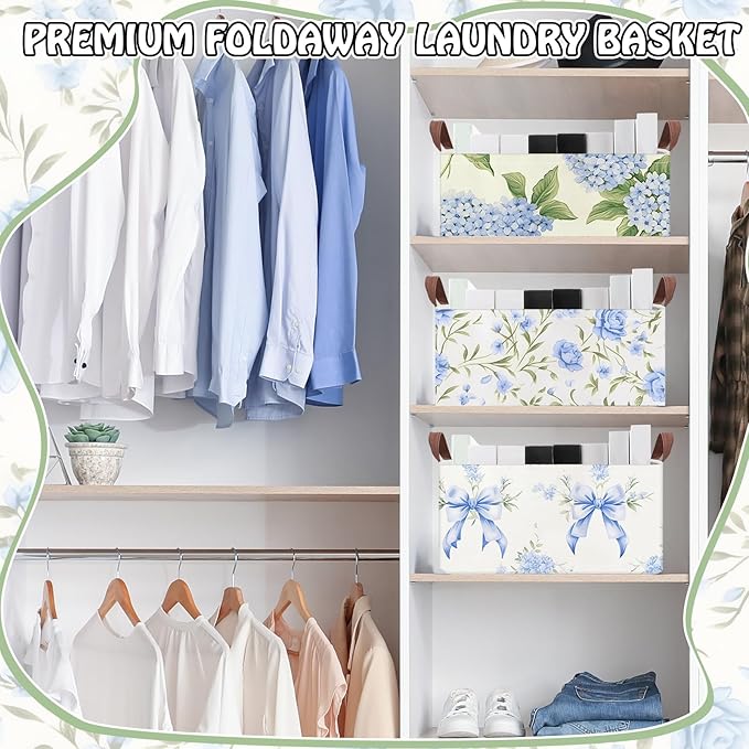 Boao 3 Pcs Blue Hydrangea Bow Storage Bin Flowers Collapsible Large Storage Baskets for Gifts Canvas Laundry Basket Foldable 