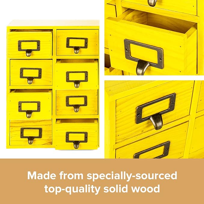 Yellow 16-Slot Wooden Drawer Unit - Country Style Desk Organizer - 20"x3.6”x14” Wooden Storage Box w/ 16 Drawers - Countertop