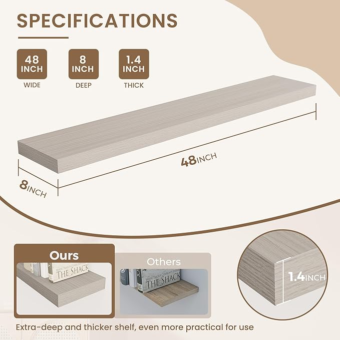 Dreamland 48 Inches Floating Shelves for Wall, 8" Deep Long Floating Shelves Set of 1, Large Display & Storage Shelf, Wall Sh