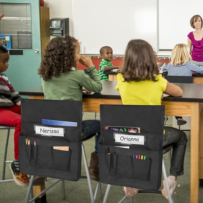 Chair Pockets for Classroom 12 Pack 15 x 19 Inch Chairback Buddy Pocket Chart Seat Back Organizer Student Storage with Lable Slot for Classroom Kindergarten School Home (Black)