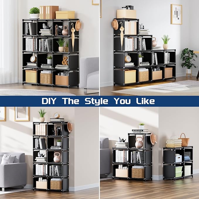 Mavivegue Book Shelf, 12 Cube Storage Organizer, DIY Bookcase, Metal Bookshelf,Tall Book case for Bedroom, Living Room,Office