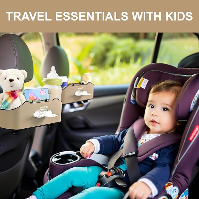 Mu&Ti Back Seat Car Organizer,4+2 in 1 Multifunctional Car Back Seat Storage Box with 2 Cup Holders, Tissue Box and Hook - Ideal for Kids and Travel(Beige)
