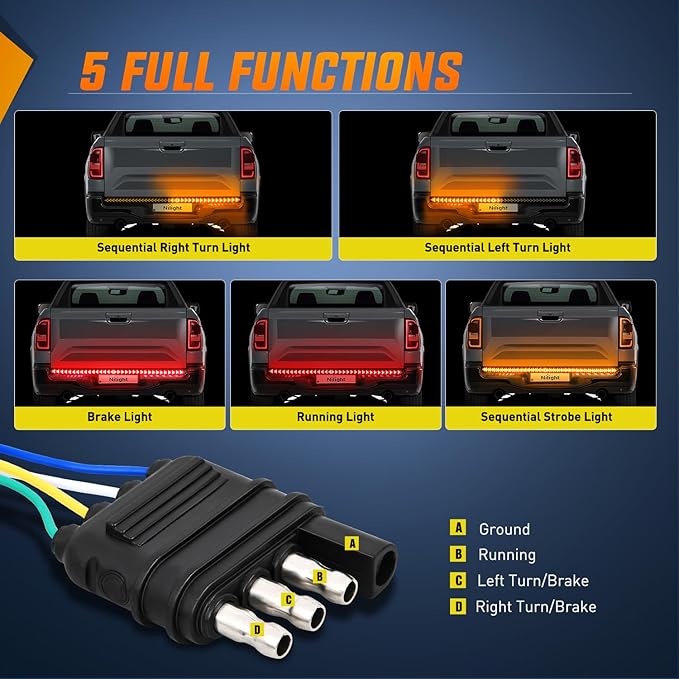 Nilight Truck Tailgate Light Strip 60Inch Arrow 540 LED with Red Running Brake Lights Amber Turn Signals Strobe Lights