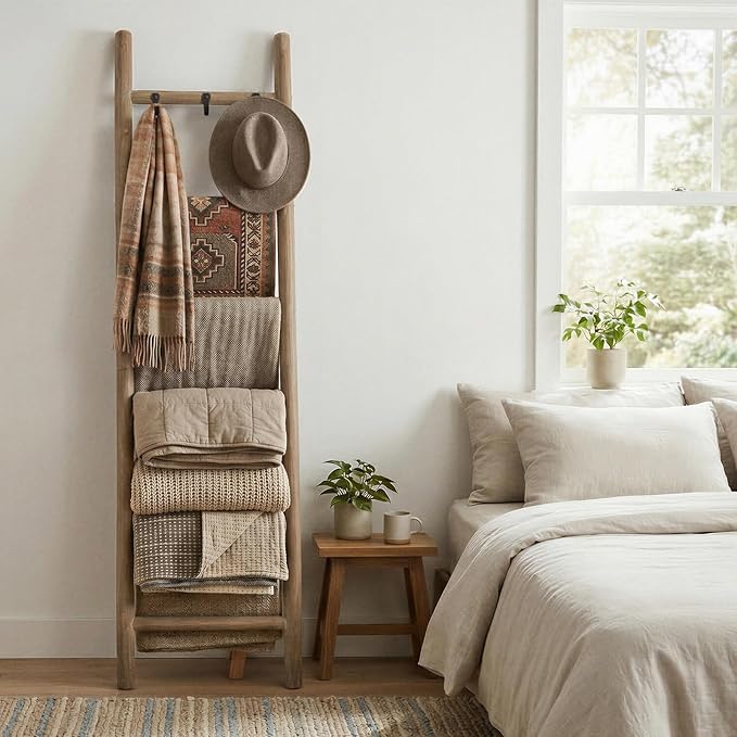 Wooden Blanket Ladder - 76in Natural Wood Color- Leaning Wall Decor for Bedroom, Bathroom, Living Room - Rustic Quilt Holder 